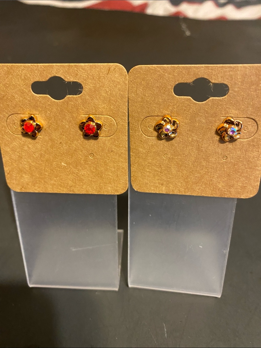 Gold Flower Stud Earrings with Red and Iridescent Stones
